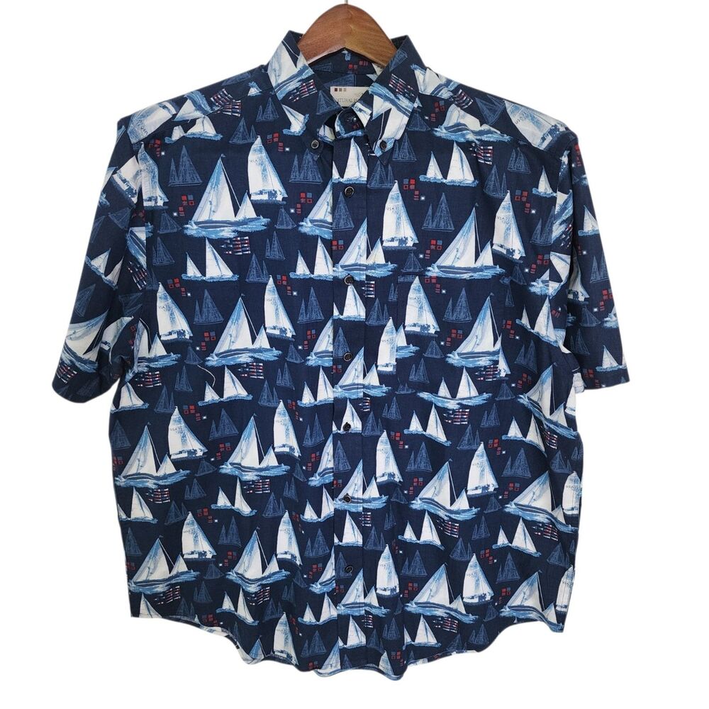 Natural Issue Mens Large Button Front Shirt Sailboat Nautical Navy Blue Cotton